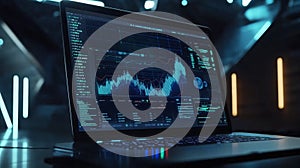 High-tech laptop analyzing data with interactive graphs in a futuristic setting
