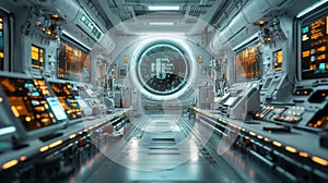 Futuristic manufacturing floor with robotic technology and holographic data displays