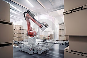 high-tech material handling and palletizing robot performing precise movements in a factory environment