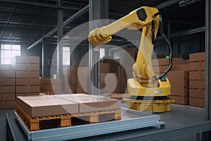 high-tech material handling and palletizing robot performing precise movements in a factory environment
