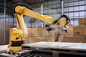 high-tech material handling and palletizing robot performing precise movements in a factory environment