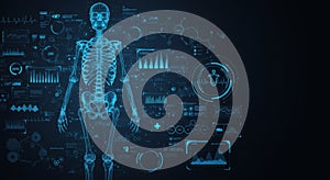 Futuristic digital interface displays human skeleton and medical data analytics