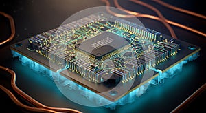 High-tech microchip illuminated by vibrant blue light