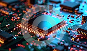 High-tech microprocessor chip on a motherboard, a concept of advanced technology, computing power and circuitry in modern