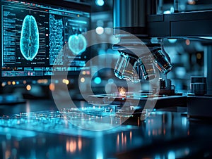 High Tech Microscope and Digital Brain Scan in Modern Lab