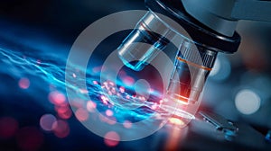 High-tech microscope examining glowing particles and blue energy waves in a futuristic scientific environment