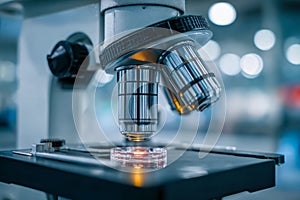 Laboratory microscope focusing on a specimen slide with glowing illumination in a modern scientific research setting with soft