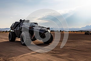 High-tech military vehicle is driving along a desert dirt road, AI-generated.