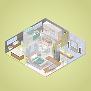 High Tech Modern Apartment Interior Design with Living Room, Bedroom and Kitchen. Isometric flat illustration