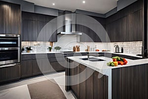high-tech modern kitchen equipped with smart appliances, touchless faucets, and a smart lighting system