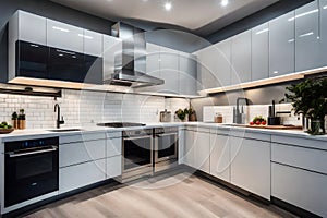 high-tech modern kitchen equipped with smart appliances, touchless faucets, and a smart lighting system