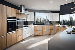 high-tech modern kitchen equipped with smart appliances, touchless faucets, and a smart lighting system, 3d render