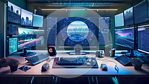 Multi-Monitor Workstation with Futuristic Interface and Coding Setup