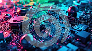 High tech neon lit circuit board illustrating digital data processing and technology