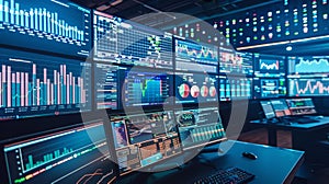 High-Tech Network Operations Center with Computer Monitors Displaying Data