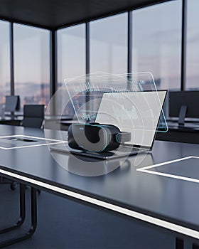 High-tech office displaying virtual reality headset and data visualization