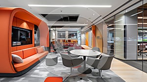 High-tech office space featuring private orange booths and contemporary design elements.