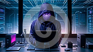 Violet Cipher: The Hacker's Futuristic Command Hub. Generative AI photo