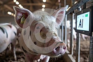 A high-tech pig farm managed by artificial intelligence. Control Dashboard with phrase AI and pigs.