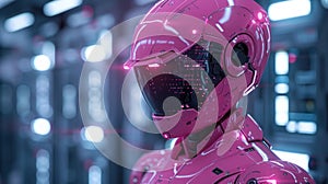 Futuristic Pink Robot with Digital Interface Helmet