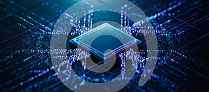 High-Tech Processor Chip Circuit Board with Data Flow. Technology concept