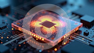 High tech quantum computing core with glowing digital connections