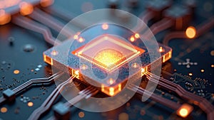 High tech quantum computing core with glowing digital connections