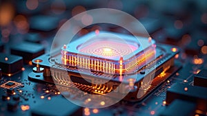 High tech quantum computing core with glowing digital connections