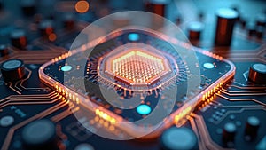 High tech quantum computing core with glowing digital connections