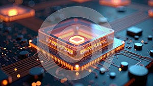 High tech quantum computing core with glowing digital connections
