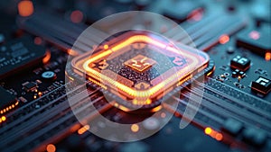 High tech quantum computing core with glowing digital connections