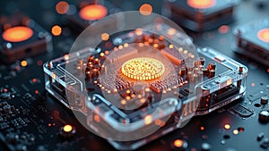 High tech quantum computing core with glowing digital connections