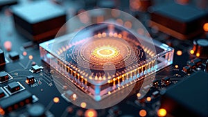 High tech quantum computing core with glowing digital connections