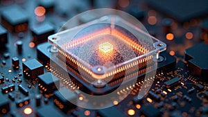 High tech quantum computing core with glowing digital connections