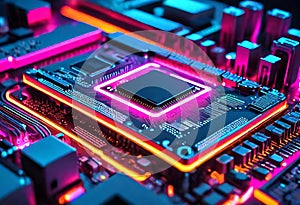 High tech rgb glowing neon motherboard of cpu depicting technology and advancement in ai