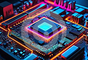 High tech rgb glowing neon motherboard of cpu depicting technology and advancement in ai