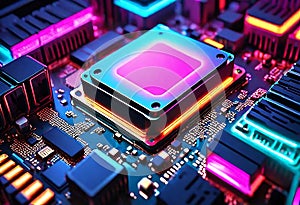 High tech rgb glowing neon motherboard of cpu depicting technology and advancement in ai. abstract technology background