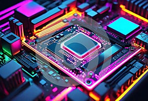 High tech rgb glowing neon motherboard of cpu depicting technology and advancement in ai. abstract technology background