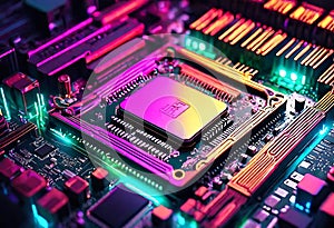 High tech rgb glowing neon motherboard of cpu depicting technology and advancement in ai. abstract technology background