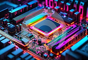 High tech rgb glowing neon motherboard of cpu depicting technology and advancement in ai. abstract technology background