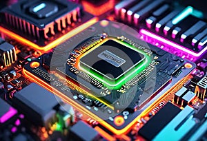 High tech rgb glowing neon motherboard of cpu depicting technology and advancement in ai. abstract technology background