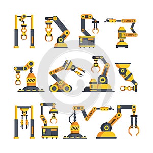 High tech robotic arms flat vector illustrations set