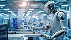 A high-tech robotics lab, engineers working on advanced AI machines. Resplendent.