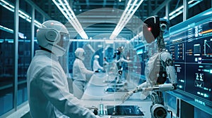A high-tech robotics lab, engineers working on advanced AI machines. Resplendent.
