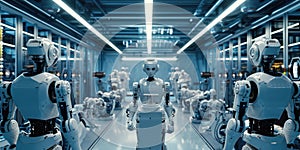 A high-tech robotics lab, engineers working on advanced AI machines. Resplendent.