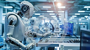 A high-tech robotics lab, engineers working on advanced AI machines. Resplendent.