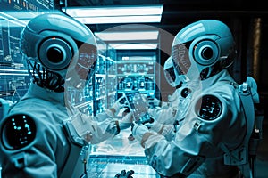 A high-tech robotics lab, engineers working on advanced AI machines. Resplendent.