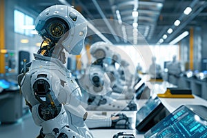 A high-tech robotics lab, engineers working on advanced AI machines. Resplendent.