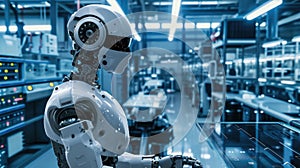 A high-tech robotics lab, engineers working on advanced AI machines. Resplendent.