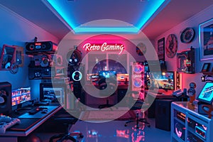 Vibrant Retro Gaming Room With Neon Lights and Vintage Consoles at Night photo
